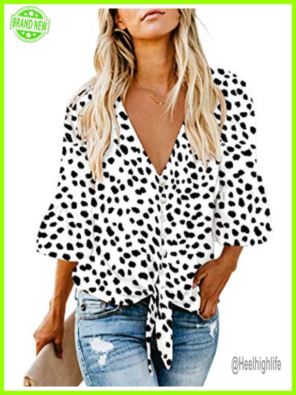 Women's Chiffon V-Neck Button Down Blouse with Tie Knot - 3/4 Sleeve